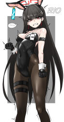  ... 1girl absurdres animal_ears arm_strap bare_shoulders black_gloves black_hair black_pantyhose blue_archive blunt_bangs blush breasts character_name choker cleavage clenched_hands clenched_teeth covered_navel dark12333 earrings fake_animal_ears gloves hair_ornament hairclip halo highres hime_cut jewelry korean_commentary leotard long_hair looking_at_viewer pantyhose playboy_bunny rabbit_ears red_eyes rio_(blue_archive) solo spoken_ellipsis sweatdrop tears teeth very_long_hair watch wrist_cuffs wristwatch 