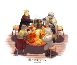  1girl 3boys :d absurdres alcohol artist_name beer beer_mug blonde_hair bread cape capelet cheese cup derivative_work dungeon_meshi eating eisen_(sousou_no_frieren) fake_horns food frieren glasses gold_trim grey_hair heiter helmet highres himmel_(sousou_no_frieren) horned_helmet horns indoors kagawaraifu laughing meat mug multiple_boys open_mouth party!_(dungeon_meshi) pointy_ears red_cape robe screenshot_redraw sitting smile sousou_no_frieren stew stool table white_capelet white_hair wooden_floor 