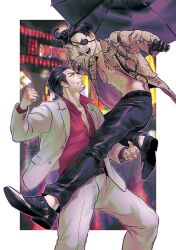  2boys abs back_tattoo bara bare_pectorals black_gloves black_hair black_pants blurry blurry_background border chest_tattoo clenched_hand collared_shirt eyepatch facial_hair fighting_stance ganpiro gloves goatee goatee_stubble hair_slicked_back highres holding holding_umbrella jacket kiryu_kazuma lapels loafers looking_at_another majima_goro male_focus multiple_boys muscular muscular_male notched_lapels open_clothes open_jacket open_mouth outside_border pants partially_unbuttoned pectoral_cleavage pectorals red_shirt ryuu_ga_gotoku_(series) shirt shoes short_hair sideburns stubble tattoo umbrella white_border white_jacket white_pants 