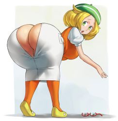  1girl anus ass ass_cutout bent_over bianca_(pokemon) blonde_hair border borvar breasts bursting_ass clothing_cutout creatures_(company) from_behind full_body game_freak glasses green_eyes grey_background hat highres huge_ass large_breasts legs looking_back mary_janes nintendo no_panties open_mouth orange_thighhighs pencil_skirt pokemon pokemon_bw puffy_short_sleeves puffy_sleeves shoes short_hair short_sleeves simple_background skirt teeth thick_thighs thighhighs thighs tongue uncensored upper_teeth_only vest wardrobe_malfunction white_border white_skirt wide_hips  rating:Explicit score:246 user:DarkToonLink