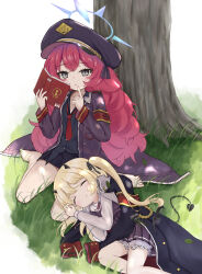  2girls absurdres bananannu barefoot black_coat black_dress black_hat black_horns black_shirt black_skirt black_tail black_wings blonde_hair bloomers blue_archive blush book closed_eyes coat collared_shirt demon_horns demon_tail demon_wings dress grey_eyes hair_between_eyes hat highres holding holding_book horns ibuki_(blue_archive) iroha_(blue_archive) long_hair long_sleeves multiple_girls open_clothes open_coat parted_lips peaked_cap red_hair shirt side_ponytail sitting skirt sleeping tail toes underwear wariza white_bloomers white_shirt wings 