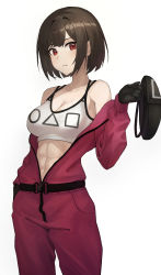  1girl absurdres angdo_(kakajo26) bare_shoulders bob_cut bra breasts brown_hair circle cleavage closed_mouth collarbone commentary_request unworn_headwear highres holding jacket looking_at_viewer navel pants short_hair simple_background solo square squid_game triangle underwear white_background  rating:Sensitive score:36 user:danbooru