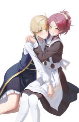  2girls absurdres ahoge aisha_greyrat apron arms_around_neck black_dress blonde_hair blue_jacket blush closed_mouth dress feet_out_of_frame flat_chest green_eyes hair_between_eyes hairband hands_on_another&#039;s_shoulders highres hug jacket looking_at_viewer maid maid_apron multiple_girls mushoku_tensei norn_greyrat open_mouth rasipan red_hair shirt short_hair short_ponytail siblings simple_background sisters sleeveless sleeveless_jacket smile thighhighs wavy_mouth white_apron white_background white_shirt white_thighhighs 