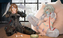  2girls animal_collar animal_ears ball_gag barefoot bdsm belt black_bodysuit blue_eyes bodysuit bondage bondage_outfit bone bound bowl breasts brown_hair cage cat_ears cat_girl censored character_name collar commentary_request covered_navel cum cum_in_bowl cum_in_container eunie_(xenoblade) fh_moya full_body gag grey_hair hair_between_eyes head_wings heart highres human_dog indoors leash long_hair medium_breasts medium_hair mio_(xenoblade) mouth_veil multiple_girls nude o-ring pet_bowl pet_play pillow pussy restrained sitting skin_tight translation_request veil wariza watermark wings xenoblade_chronicles_(series) xenoblade_chronicles_3 
