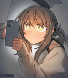  1girl 1other admiral_(kancolle) arm_around_neck artist_logo artist_name black_sailor_collar blush brown_cardigan brown_hair cardigan cellphone closed_mouth commentary_request ergot eye_reflection facing_away fubuki_(kancolle) green_eyes grey_background hair_between_eyes hair_tie hat holding holding_another&#039;s_hair holding_phone hug jewelry kantai_collection long_sleeves looking_ahead looking_at_phone low_ponytail medium_hair peaked_cap phone pout reflection ring sailor_collar shirt short_hair short_ponytail sidelocks simple_background sleeves_past_wrists smartphone solo_focus upper_body wedding_ring white_shirt 