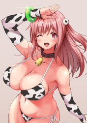  1girl animal_print bikini blush breasts collar collarbone cow_print cowbell dead_or_alive dead_or_alive_5 dead_or_alive_xtreme_3_fortune highres honoka_(doa) large_breasts long_hair navel one_eye_closed open_mouth pink_hair red_eyes side_ponytail sleeve_cuffs smile swimsuit tagme wide_hips wink wrist_cuffs  rating:Questionable score:30 user:ShiftKey