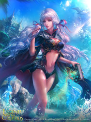  1girl ando bird blue_eyes blue_hair book breasts cape cleavage dated legend_of_the_cryptids long_hair midriff smile sunlight thighs twintails 