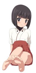 1girl bad_id bad_pixiv_id barefoot black_eyes black_hair blunt_bangs blush_stickers bob_cut boko_(maniacpurple) feet foot_focus foreshortening full_body inagaki_mami japanese_clothes komakedara military military_uniform perspective short_hair simple_background sitting smile soles solo strike_witches toes uniform world_witches_series rating:Sensitive score:12 user:danbooru