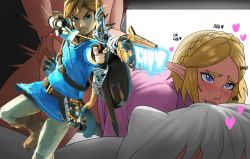  1boy 1girl absurdres ass blonde_hair blue_eyes blush bottomless censored character_censor doggystyle echo_saber heart heart-shaped_pupils hetero highres link motion_lines nintendo novelty_censor hugging_object pillow pillow_hug pink_shirt pointy_ears princess_zelda sex sex_from_behind shirt symbol-shaped_pupils teeth the_legend_of_zelda the_legend_of_zelda:_breath_of_the_wild the_legend_of_zelda:_tears_of_the_kingdom  rating:Explicit score:76 user:Ahegao_lmao