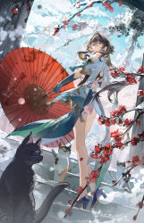  1girl animal baofandxy black_cat blue_dress blue_footwear blue_gloves branch brown_hair cat closed_mouth clothing_cutout commentary_request crack day dress earrings elbow_gloves flower from_behind from_below full_body gloves green_eyes hair_intakes high_heels highres holding holding_umbrella honkai:_star_rail honkai_(series) jewelry long_hair looking_at_viewer looking_back oil-paper_umbrella outdoors pearl_earrings plum_blossoms ruan_mei_(honkai:_star_rail) second-party_source shoulder_cutout snow snowing solo stairs standing stone_stairs tassel tree umbrella 