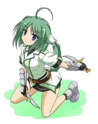  10s 1girl ahoge animal_ears bad_id bad_pixiv_id belt blue_eyes dog_days dog_ears dog_tail dual_wielding eclair_martinozzi fingerless_gloves frown gloves green_eyes green_hair holding ishida_seito kneeling knife looking_at_viewer matching_hair/eyes short_hair simple_background solo tail uniform vfenster weapon 
