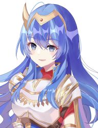  1girl :d armor blue_eyes blue_hair breastplate caeda_(fire_emblem) caeda_(marth&#039;s_faithful)_(fire_emblem) cape dress fire_emblem fire_emblem:_mystery_of_the_emblem fire_emblem_heroes hair_between_eyes highres long_hair looking_at_viewer n_54 nintendo official_alternate_costume open_mouth red_dress shoulder_armor sidelocks smile solo tiara upper_body white_background 