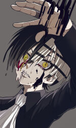  1boy absurdres ascot black_blood black_hair black_jacket blood collared_jacket death_the_kid facial_tattoo grey_background hasda highres jacket jewelry male_focus melting multicolored_hair ring ringed_eyes solo soul_eater striped_hair tattoo white_hair yellow_eyes 