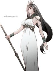  1girl armpit_crease bare_shoulders black_hair bracelet breasts closed_mouth commentary_request crown dress earrings feet_out_of_frame final_fantasy final_fantasy_vii final_fantasy_vii_rebirth final_fantasy_vii_remake ha_lu77 highres holding holding_staff jewelry large_breasts long_dress long_hair low-tied_long_hair official_alternate_costume princess_rosa_costume red_eyes simple_background single_earring solo staff swept_bangs tiara tifa_lockhart tifa_lockhart_(loveless_dress) twitter_username very_long_hair white_background white_dress 