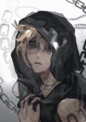  1boy adapted_costume alternate_costume black_robe blonde_hair blue_eyes chain chain_necklace clothes_grab cloud_strife crying final_fantasy final_fantasy_vii final_fantasy_vii_rebirth final_fantasy_vii_remake grey_background hand_up highres hood hood_up jewelry looking_at_viewer male_focus multiple_rings necklace number_tattoo parted_lips ring robe short_hair shoulder_tattoo sleeveless solo tattoo upper_body w48992127 