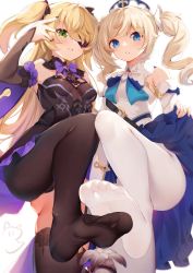 2girls absurdres barbara_(genshin_impact) bare_shoulders black_thighhighs blonde_hair blue_eyes blush bodystocking bow breasts clothes_lift detached_sleeves dress dress_lift drill_hair eyepatch feet fischl_(genshin_impact) foot_focus foot_up foreshortening garter_straps genshin_impact gloves green_eyes hair_ornament hair_over_one_eye hair_ribbon hat highres long_hair long_sleeves looking_at_viewer multiple_girls mushroom nahaki pantyhose ribbon single_thighhigh small_breasts smile soles thighhighs toes twin_drills twintails two_side_up white_background white_dress white_headwear white_legwear rating:Sensitive score:180 user:danbooru