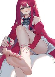  1girl applying_pedicure ass baobhan_sith_(fate) baobhan_sith_(first_ascension)_(fate) bare_shoulders barefoot blush breasts detached_sleeves dress fate/grand_order fate_(series) feet foot_focus foot_out_of_frame frilled_dress frills full_body grey_eyes highres katashiro knee_up long_hair looking_down nail_polish pink_hair pointy_ears red_dress red_nails sidelocks sitting soles solo thighs toenail_polish toenails tongue tongue_out white_background 