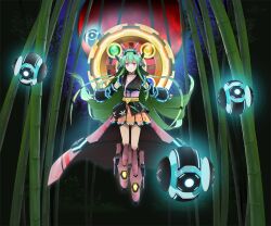  1girl animal_ear_hairband animal_ears artist_request bamboo breasts cape cosmic_break dango_hair_ornament detached_sleeves drone fake_animal_ears food-themed_hair_ornament green_hair hair_ornament hairband halo leg_armor long_hair looking_at_viewer medium_breasts moon official_art outstretched_arms purple_eyes red_moon second-party_source skirt tsukuyomi_mikoto very_long_hair 