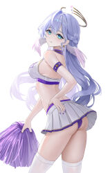  1girl aqua_eyes armband ass backless_outfit bare_shoulders blue_hair breasts commentary_request cowboy_shot crop_top highres honkai:_star_rail honkai_(series) long_hair looking_at_viewer medium_breasts midriff robin_(honkai:_star_rail) sicle simple_background skirt smile solo standing thighhighs thighs very_long_hair white_background white_skirt white_thighhighs 