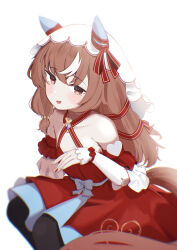  1girl absurdres animal_ears bare_shoulders black_pantyhose brown_hair chromatic_aberration dhuten dress ear_covers highres horse_ears horse_tail long_hair looking_at_viewer multicolored_nails open_mouth pantyhose red_dress red_eyes red_nails simple_background sitting smile solo still_in_love_(umamusume) tail umamusume veil white_background 