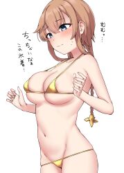  1girl absurdres bare_arms bare_shoulders bikini bikini_bottom_pull blue_eyes blush braid breasts brown_hair cameltoe cleft_of_venus closed_mouth collarbone embarrassed gold_bikini groin hair_between_eyes hair_ornament highres kantai_collection kiritto large_breasts long_hair micro_bikini navel propeller_hair_ornament simple_background solo swimsuit teruzuki_(kancolle) translation_request twin_braids v white_background 