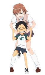  10s 1boy 1girl 2015 age_difference bandaid bandaid_on_face bandaid_on_nose bare_legs black_hair brown_eyes brown_hair child finger_in_another&#039;s_mouth frown full_body grabbing grabbing_another&#039;s_arm grabbing_from_behind happy height_difference highres huitu_c light_blush looking_at_another looking_at_viewer looking_down loose_socks matching_hair/eyes miniskirt misaka_mikoto one_eye_closed open_mouth school_uniform shirt shoes short_hair shorts size_difference skirt smile smug socks standing standing_on_one_leg stretching_cheeks summer_uniform sweater_vest tears teasing teenage_girl_and_younger_boy thighs toaru_kagaku_no_railgun toaru_majutsu_no_index tokiwadai_school_uniform white_background white_socks  rating:General score:15 user:Raiden_Wins