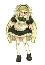  1girl apron black_dress black_footwear blush bow bowtie closed_mouth clothes_lift commentary_request dress dress_lift frilled_hairband frills full_body green_bow green_bowtie green_hair hairband inkling inkling_girl inkling_player_character korean_commentary leaning_forward long_hair maid_apron maid_headdress nintendo orange_eyes pointy_ears salmon_yeon_eo simple_background solo splatoon_(series) tentacle_hair thighhighs unamused v-shaped_eyebrows white_background white_thighhighs 