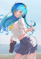  1girl absurdres ascot beach black_footwear blue_hair breasts commentary_request cowboy_shot gradient_hair green_hair highres holding holding_shoes horns itou_kazuki long_hair looking_at_viewer lum midriff multicolored_hair navel ocean oni outdoors pleated_skirt pointy_ears sand school_uniform see-through_silhouette shirt shoes signature skirt smile unworn_shoes urusei_yatsura white_shirt yellow_ascot yellow_eyes 