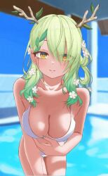  1girl animated animated_gif bikini bikini_top_pull bouncing_breasts breasts ceres_fauna cleavage collarbone ekakinoko flower green_hair hair_flower hair_ornament hair_over_one_eye hololive hololive_english large_breasts looking_at_viewer navel nipples stomach swimsuit thighs virtual_youtuber white_bikini yellow_eyes  rating:Questionable score:78 user:PuttHutt