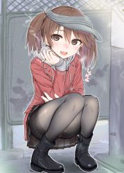  10s 1girl adapted_uniform ankle_boots black_footwear black_pantyhose blush boots brown_eyes brown_hair cigarette coat ear_piercing earrings fang fingernails highres hood hoodie jewelry kantai_collection looking_at_viewer makabe_gorou open_mouth panties panties_under_pantyhose pantyhose piercing ryuujou_(kancolle) skirt sleeves_past_wrists smile smoking solo squatting thighband_pantyhose twintails underwear visor_cap  rating:Sensitive score:36 user:danbooru