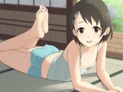  1girl ass barefoot black_eyes black_hair blue_camisole blue_shorts breasts camisole collarbone commentary_request dolphin_shorts downblouse feet hair_ornament hairpin idolmaster idolmaster_cinderella_girls indoors legs legs_up loli lying midriff on_stomach open_mouth rabbit_hair_ornament revision sasaki_chie shin_(shincrz) short_hair short_shorts shorts shouji sliding_doors small_breasts smile soles solo tatami teeth the_pose thighs toes upper_teeth_only wooden_floor  rating:Questionable score:228 user:danbooru