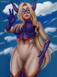  1girl admdraws artist_name blonde_hair blush bodysuit boku_no_hero_academia bottomless breasts cowboy_shot domino_mask from_below giant giantess growth hand_on_own_hip long_hair mask mount_lady red_eyes solo standing thick_thighs thighhighs thighs v very_long_hair wide_hips  rating:Sensitive score:11 user:Thomas_Jones