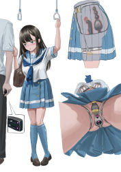 1boy 1girl absurdres anal anal_object_insertion black_hair blue_eyes blush breasts chain chastity_belt chastity_bra clothes_grab controller from_below full_body highres itou_tatsuya loafers lock multiple_insertions multiple_views neckerchief object_insertion original padlock paid_reward_available pigeon-toed pleated_skirt remote_control remote_control_vibrator school_uniform serafuku sex_toy shoes short_sleeves simple_background skirt sleeve_grab sleeve_pull small_breasts socks thigh_bands thighs upskirt vaginal vaginal_object_insertion vibrator vibrator_under_clothes white_background wireless_sex_toy_controller x-ray rating:Explicit score:388 user:danbooru