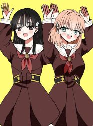  2girls :d animification aqua_eyes arms_up black_hair blunt_bangs blush breasts brown_dress commentary_request crossed_bangs dress hair_ornament hasu_no_sora_school_uniform hinoshita_kaho light_brown_hair link!_like!_love_live! long_hair long_sleeves looking_at_another looking_to_the_side love_live! medium_breasts medium_dress medium_hair multiple_girls neckerchief nirei_nozomi open_mouth pleated_dress rabbit_hair_ornament rabbit_pose red_neckerchief rikku_ito sailor_collar sailor_dress school_uniform sideways_glance smile teeth two_side_up upper_teeth_only voice_actor voice_actor_connection white_sailor_collar winter_uniform yellow_background 