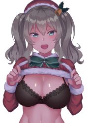 10s 1girl alternate_costume aqua_eyes bell black_bra blurry blurry_background bra breasts capelet cleavage clothes_lift fur_trim hair_ornament hat highres kantai_collection kashima_(kancolle) lace lace-trimmed_bra lace_trim large_breasts long_sleeves looking_at_viewer md5_mismatch open_mouth santa_costume santa_hat shiny_skin shirt_lift silver_hair simple_background solo teeth twintails underwear usa_b white_background rating:Sensitive score:24 user:danbooru