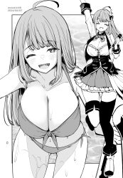  1girl ;d ^_^ ahoge arm_up armpits artist_name bikini black_thighhighs breasts cleavage closed_eyes commentary_request dated front-tie_bikini_top front-tie_top greyscale highres kichihachi large_breasts long_hair looking_at_viewer monochrome multiple_views one_eye_closed open_mouth original shoes skirt smile standing standing_on_one_leg swimsuit thighhighs wet 