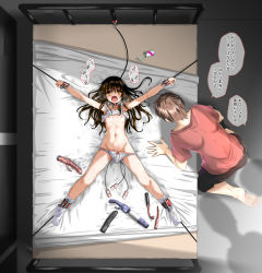 1boy 1girl barefoot bdsm bed_sheet blush bondage bound bound_ankles bound_wrists breasts brown_eyes brown_hair censored censored_text clothes_lift collar commentary_request cuffs dildo drugged drugs female_ejaculation_through_clothes forced_orgasm from_above full_body fumihiro highres indoors loli long_hair lying mosaic_censoring neglect_play nipples no_pants object_insertion on_back on_bed open_mouth panties panty_pull pill pillow remote_control_vibrator restrained screaming sex_toy shirt_lift slave small_breasts socks spread_legs stomach_bulge sweat to_love-ru to_love-ru_darkness too_many too_many_sex_toys translation_request underwear vaginal vaginal_object_insertion vibrator yuuki_mikan rating:Explicit score:343 user:danbooru