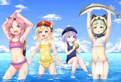  4girls :d alternate_costume animal_ears armpits arms_up barefoot bikini black_scarf blue_one-piece_swimsuit blue_sky blunt_bangs cabbie_hat cat_ears cat_girl cat_tail cloud cloudy_sky clover_print coconut collarbone commentary_request diona_(genshin_impact) drinking_straw drinking_straw_in_mouth fake_animal_ears female_focus fish forehead frilled_bikini frilled_one-piece_swimsuit frills fundoshi genshin_impact green_eyes grey_hair groin hair_between_eyes hat hat_feather hat_ornament highres horizon in_water innertube japanese_clothes klee_(genshin_impact) knees_together_feet_apart light_brown_hair long_hair looking_at_another looking_at_viewer low_ponytail low_twintails multiple_girls navel ocean ofuda old_school_swimsuit one-piece_swimsuit open_mouth orange_eyes outdoors pink_hair purple_eyes purple_hair qiqi_(genshin_impact) raccoon_ears raccoon_hood rena_(riries) sarashi sayu_(genshin_impact) scarf school_swimsuit short_hair shuriken sidelocks sitting sky sleeveless smile standing stomach swim_ring swimsuit tail thick_eyebrows twintails weapon wet wet_clothes wet_swimsuit yellow_one-piece_swimsuit  rating:Sensitive score:67 user:danbooru