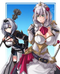  2girls :o absurdres belt black_belt black_hairband blue_skirt breasts cleavage cleavage_cutout clothing_cutout combat_maid cosplay costume_switch crossover dress flower genshin_impact green_eyes hair_behind_ear hair_flower hair_ornament hairband highres hololive huge_filesize large_breasts leaning_forward look-alike medium_hair mole mole_on_breast multiple_girls name_connection nekol noelle_(genshin_impact) noelle_(genshin_impact)_(cosplay) open_hands open_mouth red_flower red_rose rose shirogane_noel shirogane_noel_(1st_costume) shirogane_noel_(cosplay) silver_hair skirt smile sword virtual_youtuber weapon white_dress 