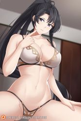  1girl aslindsamure black_hair blue_eyes breasts cleavage granblue_fantasy highres large_breasts lingerie long_hair looking_at_viewer navel parted_lips ponytail shitori_(granblue_fantasy) sitting solo spread_legs thighs underwear  rating:Questionable score:30 user:squiglybob13