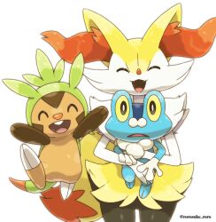  braixen carrying chespin closed_eyes creatures_(company) fang froakie frog game_freak gen_6_pokemon highres jumping nintendo no_humans open_mouth pokemon pokemon_(creature) rorosuke signature simple_background white_background 