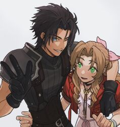  1boy 1girl aerith_gainsborough arm_around_shoulder armor belt belt_buckle black_gloves black_hair blue_eyes bracelet braid braided_ponytail breasts brown_hair buckle choker commentary crisis_core_final_fantasy_vii dress drill_hair drill_sidelocks final_fantasy final_fantasy_vii final_fantasy_vii_rebirth final_fantasy_vii_remake gloves green_eyes hair_ribbon height_difference highres jacket jewelry jidu_que_mi_de_xiao_caocao looking_at_another looking_at_viewer multiple_belts one_eye_closed open_clothes open_jacket parted_bangs parted_lips pink_dress pink_ribbon red_jacket ribbed_sweater ribbon shoulder_armor sidelocks simple_background sleeveless sleeveless_turtleneck small_breasts smile spiked_hair sweater symbol-only_commentary turtleneck turtleneck_sweater upper_body v zack_fair 