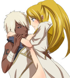  1boy 1girl arm_grab arm_tattoo black_eyes blonde_hair blue_eyes blush breasts cape cloak closed_mouth couple dark-skinned_male dark_skin darui eye_contact facial_mark facing_another from_side functionally_nude genderswap genderswap_(mtf) grabbing hair_over_one_eye hand_up happy hat hat_on_back hetero holding holding_another&#039;s_wrist hug image_sample interracial long_hair looking_at_another medium_breasts micha_egg naked_cape naked_cloak naruko_(naruto) naruto naruto_(series) naruto_shippuuden ninja nude one_eye_covered partially_undressed pixiv_sample resized short_hair simple_background smile standing tattoo twintails uzumaki_naruto whisker_markings whiskers white_background white_hair 
