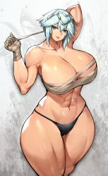  1girl abs absurdres alternate_breast_size arm_up black_panties blue_hair breasts chest_sarashi cleavage collarbone commission curvy dagr_(fire_emblem) fire_emblem fire_emblem_heroes grey_eyes gurimjang hair_between_eyes hair_ornament hand_wraps highres huge_breasts light_blue_hair looking_at_viewer muscular muscular_female nintendo panties pixiv_commission sarashi short_hair simple_background solo thick_thighs thighs underwear upper_body wide_hips  rating:Sensitive score:99 user:danbooru