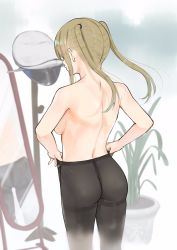 1girl adjusting_clothes adjusting_legwear ass black_pantyhose blonde_hair blurry breasts c-da commentary_request cowboy_shot depth_of_field from_behind full-length_mirror graf_zeppelin_(kancolle) hat highres kantai_collection large_breasts long_hair looking_at_mirror military military_hat mirror no_panties pantyhose peaked_cap reflection see-through sideboob sidelocks solo standing thighband_pantyhose twintails very_long_hair rating:Questionable score:21 user:danbooru
