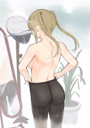 1girl adjusting_clothes adjusting_legwear ass black_pantyhose blonde_hair blurry breasts c-da commentary_request cowboy_shot depth_of_field from_behind full-length_mirror graf_zeppelin_(kancolle) hat highres kantai_collection large_breasts long_hair looking_at_mirror military military_hat mirror no_panties pantyhose peaked_cap reflection see-through_clothes sideboob sidelocks solo standing thighband_pantyhose twintails very_long_hair rating:Questionable score:21 user:danbooru