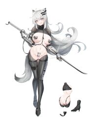  1girl :q absurdres alternate_costume animal_ears arknights arm_guards ass barcode barcode_tattoo black_footwear black_gloves blue_eyes blush boots breasts closed_mouth clothes_writing extra_ears full_body garter_straps gloves gluteal_fold grey_hair hair_ornament hairclip head_tilt heart_maebari heart_pasties heterochromia highres holding holding_sword holding_weapon lappland_(arknights) large_breasts leotard long_hair looking_at_viewer maebari multiple_views nanaya_journey navel o-ring pasties pubic_tattoo scar scar_across_eye scar_on_face see-through see-through_leotard shrug_(clothing) simple_background smile sword tail tattoo thigh_boots thigh_gap tongue tongue_out very_long_hair weapon white_background wolf_ears wolf_girl wolf_tail yellow_eyes 