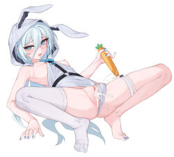  1girl :d absurdres after_vaginal animal_ears animal_hood arm_support bent_back blue_eyes blue_hair blue_nails blush breasts breasts_out carrot clothing_aside covered_navel dildo female_ejaculation female_masturbation female_orgasm full_body hair_between_eyes half-closed_eye hand_up highres hood leaning_back legs leotard leotard_aside long_hair masturbation nail_polish nipples o-ring open_mouth orgasm original presenting pussy pussy_juice pussy_juice_trail rabbit_ears rabbit_hood see-through see-through_legwear sex_toy single_thighhigh skin_tight skindentation small_breasts smile solo spread_legs squatting thigh_strap thighhighs thighs tiptoes uncensored very_long_hair white_leotard yume_(454565427) 