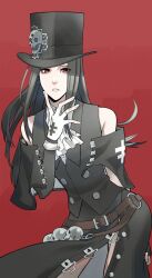  1other absurdres androgynous ascot bandaiku bare_shoulders black_hair black_hat fingerless_gloves gloves guilty_gear guilty_gear_strive hat hat_ornament highres long_hair looking_at_viewer other_focus parted_lips red_background red_eyes skull skull_hat_ornament testament_(guilty_gear) top_hat white_ascot white_gloves  rating:General score:3 user:danbooru