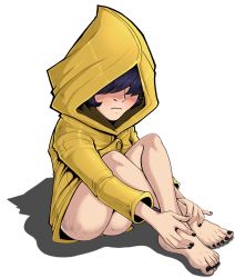  1girl ass barefoot black_hair bottomless feet hands_on_feet little_nightmares_(series) loli nail_polish raincoat sitting six_(little_nightmares) solo tagme toes transparent_background  rating:Questionable score:60 user:nijikonel